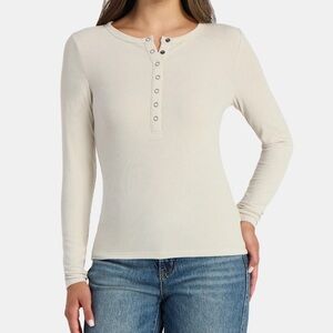 Time and Tru Women's Ribbed Henley Shirt Long Sleeves Size L